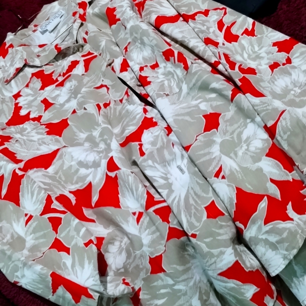 Red tan and white button up shirt